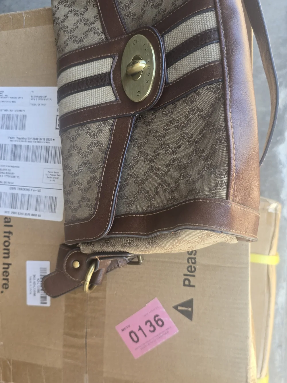 Rosetti Brown Patterned Canvas & Leather Messenger Bag